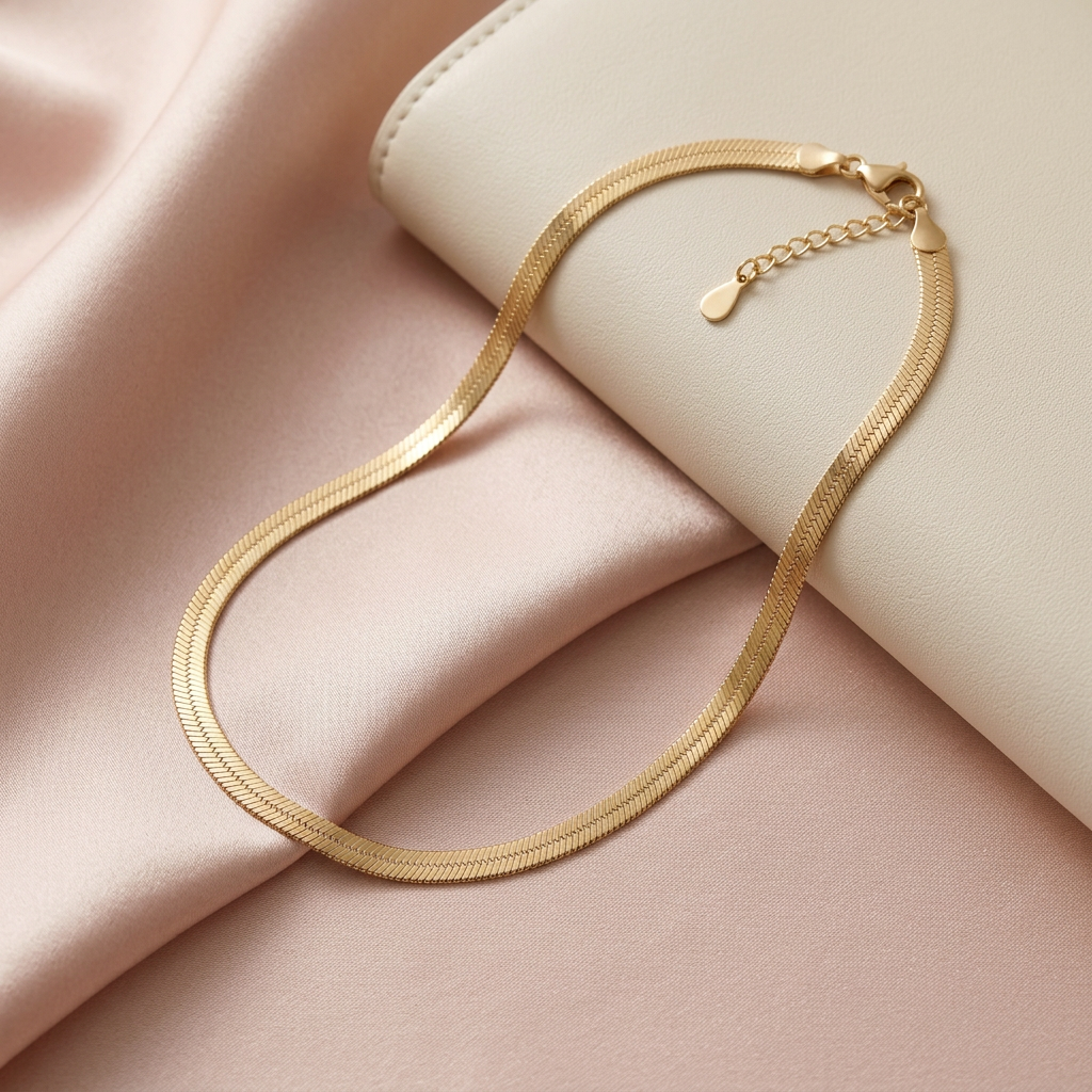 Gold-tone herringbone necklace on pale pink satin