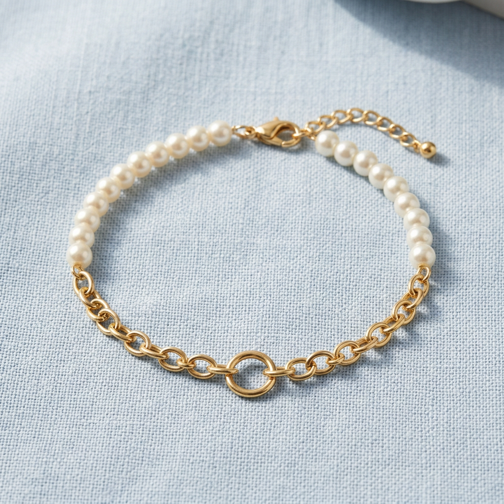 Mixed bead and chain bracelet on pale blue linen