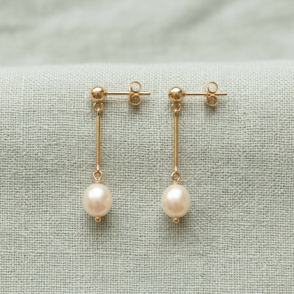 Pearl-style drop earring pair on pale sage linen