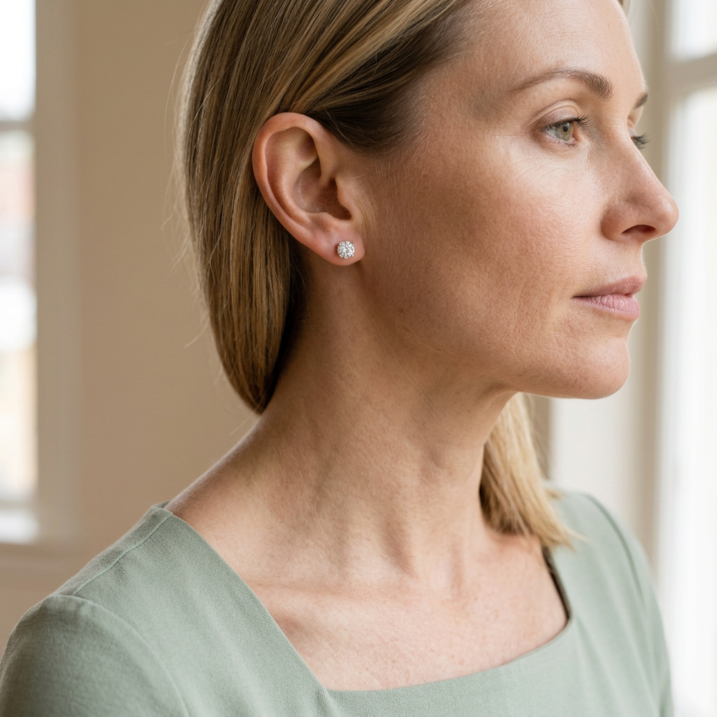 Model wearing round solitaire stud with sage square-neck top